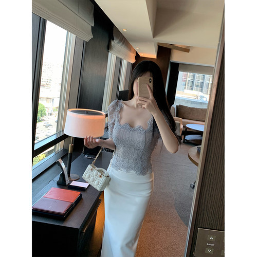 THE SWAN司凰轻奢 又见撒娇系列 法式气质绑带蕾丝衫短袖蕾丝上衣