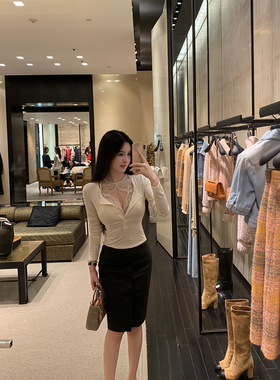 【现货7折】THE SWAN司凰轻奢 假两件自带蕾丝内 针织上衣半身裙