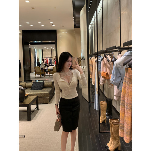 中古蕾丝针织上衣菱格半裙