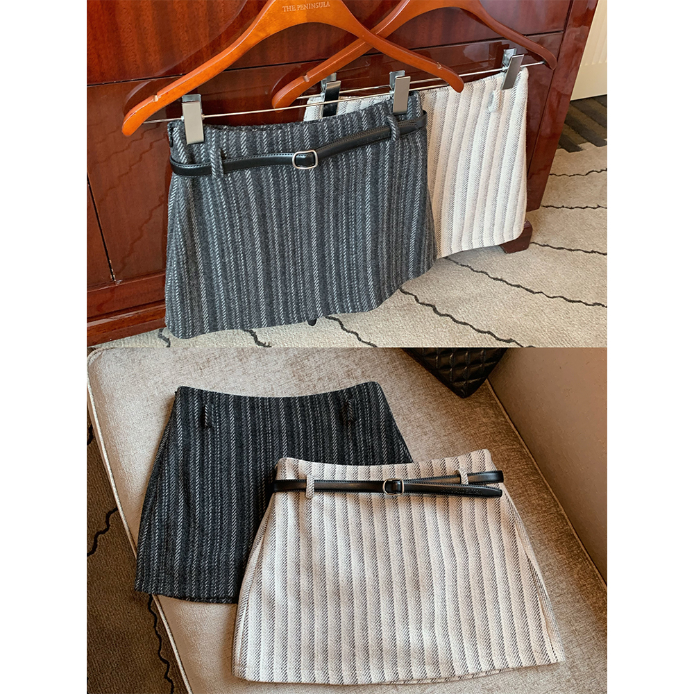 羊毛呢条纹短裤裙/长半裙