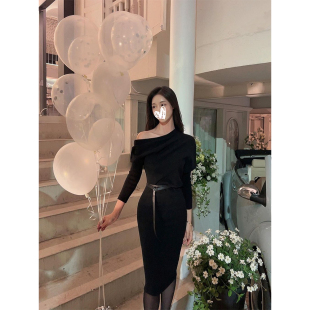 露肩裙 SWAN司凰 THE 70羊毛茶歇裙一字领针织连衣裙 现货7折