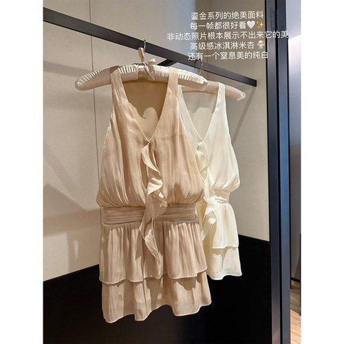 鎏金珠光雪纺纯欲风无袖连衣裙