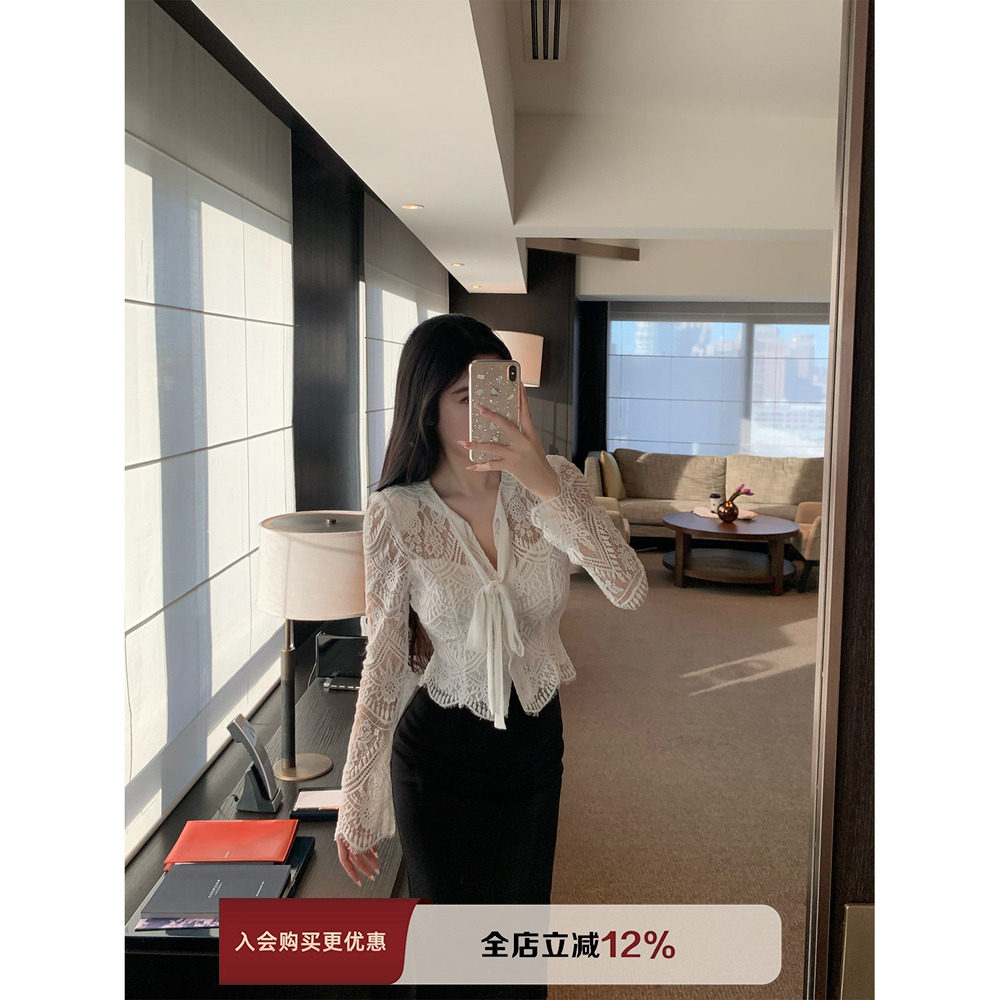 THE SWAN司凰轻奢 本命蕾丝 韩版绑带开衫系带蕾丝上衣包臀半身裙