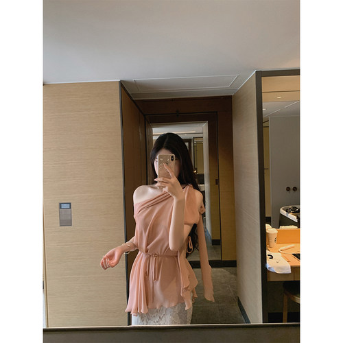 飘带荷叶雪纺衫轻盈柔软无袖上衣