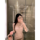 现货7折 THE SWAN司凰轻奢 高领名媛修身 包臀裙粉色蕾丝连衣裙