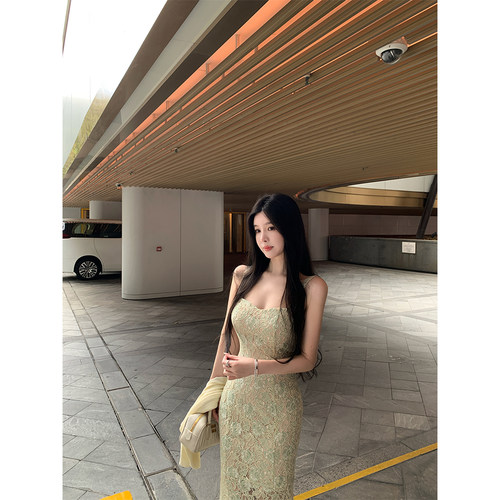 双色修身气质吊带蕾丝连衣裙