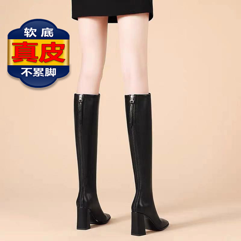 百丽纯爱真皮长靴2023秋冬新款高跟高筒靴粗跟方头骑士靴显瘦女靴