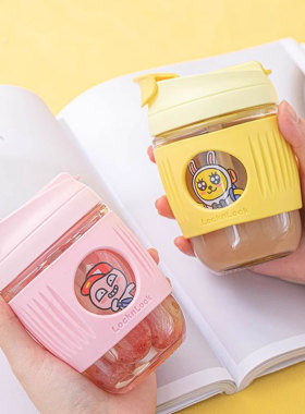 乐扣乐扣双饮口玻璃杯耐高温便携带杯套高颜值男女随手杯LLG689