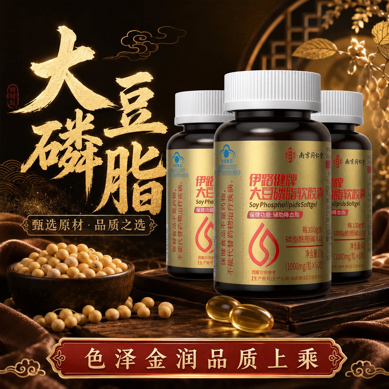 南京同仁堂伊路健牌大豆磷脂软胶囊蓝帽保健辅助降血脂成人中老年