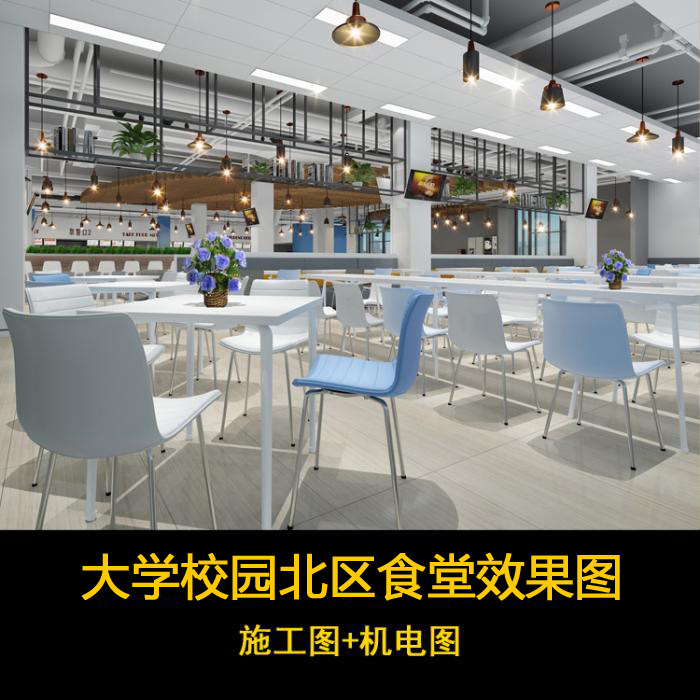 现在大学校大学北区食堂效果图带全套CAD施工图+机电图