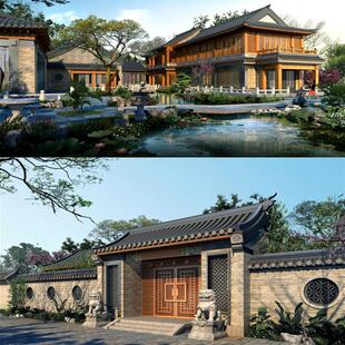 中式古建筑园林式建筑合院别墅豪宅建筑会所亭廊草图大师SU模型