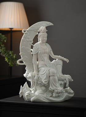 德化陶瓷水月自在观音佛像摆件禅意中式客厅玄关观世音菩萨像装饰