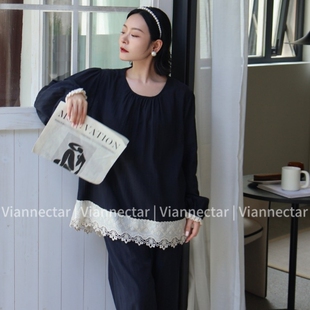 维安花蜜高品质2025新品韩版蕾丝拼接睡衣女秋季纯棉家居服套装