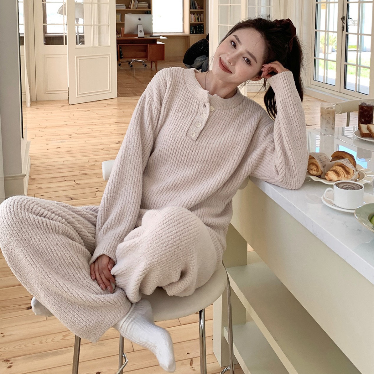 【S.宋晓暖】秋冬新款半边绒加厚睡衣热能衣女士套装家居服可外穿