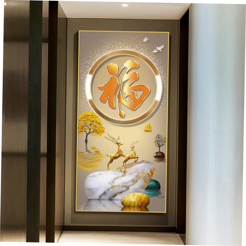 自粘装饰画3D立体玄关贴画新中式入户正对门墙贴客厅防水壁纸壁画