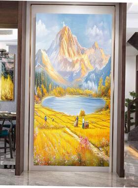 聚宝盆山水挂画背靠金山玄关贴画金色麦田高级感丰收图客厅装饰画
