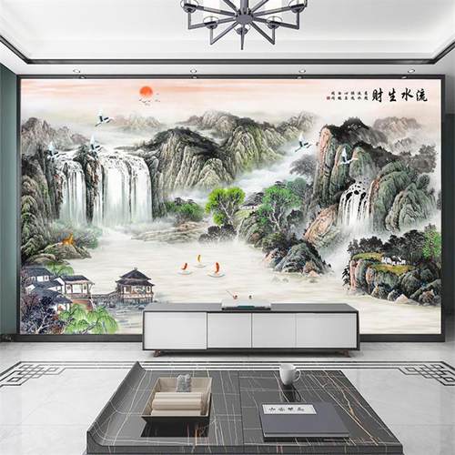流水生财水墨山水电视背景墙壁画客厅影视墙布现代中式3d立体壁纸