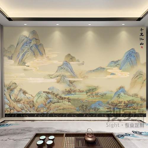 千里江山新中式水墨山水客厅壁纸影视墙布办公室卧室沙发壁画壁布