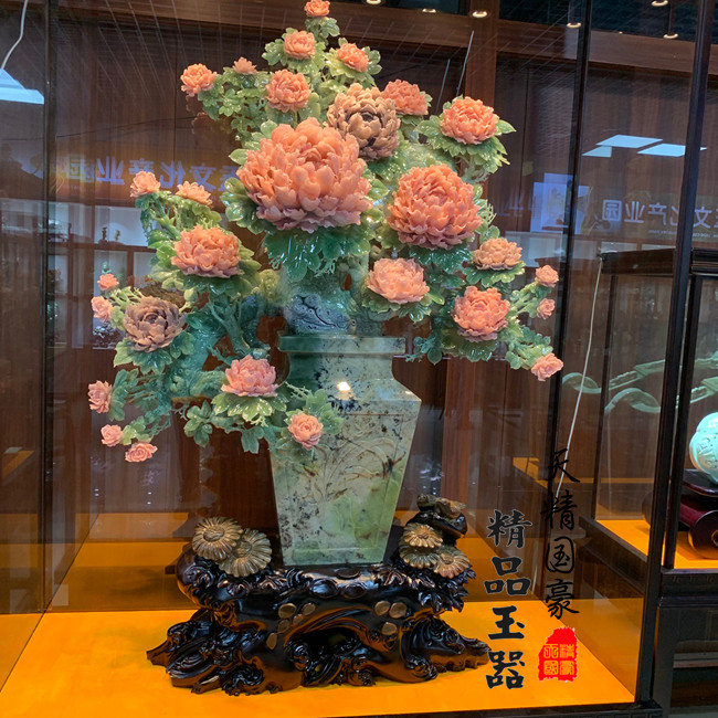 天然岫玉牡丹花摆件客厅玄关大型
