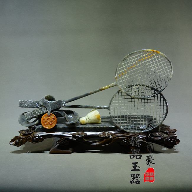 天然岫玉仿真羽毛球拍摆件