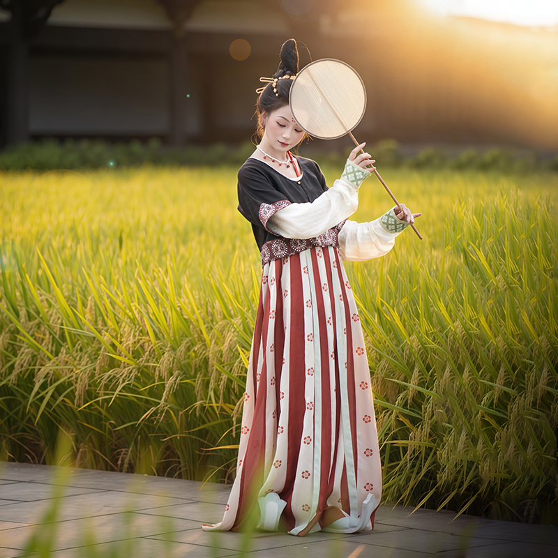 瞳莞汉服琉光圆领对襟半袖短衫齐胸36片间色裙原创春秋精致百搭