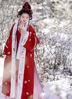 瞳莞直领对襟长褙子秋冬保暖汉服红梅煮雪飞机袖百迭裙套装