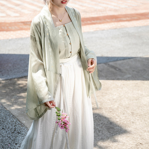 瞳莞汉服碧山夏季女直领大襟宽袖上襦百搭显瘦主腰吊带宽松灯笼裤