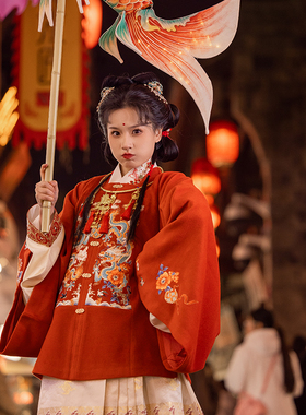 瞳莞明制方领对襟大袖短袄汉服灵龙花影秋冬毛呢补服红色拜年服