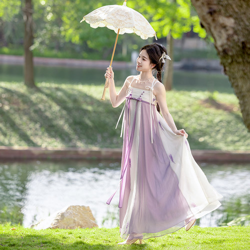 瞳莞汉服紫风铃吊带齐胸连衣裙印花女夏款对襟短衫日常2024新款