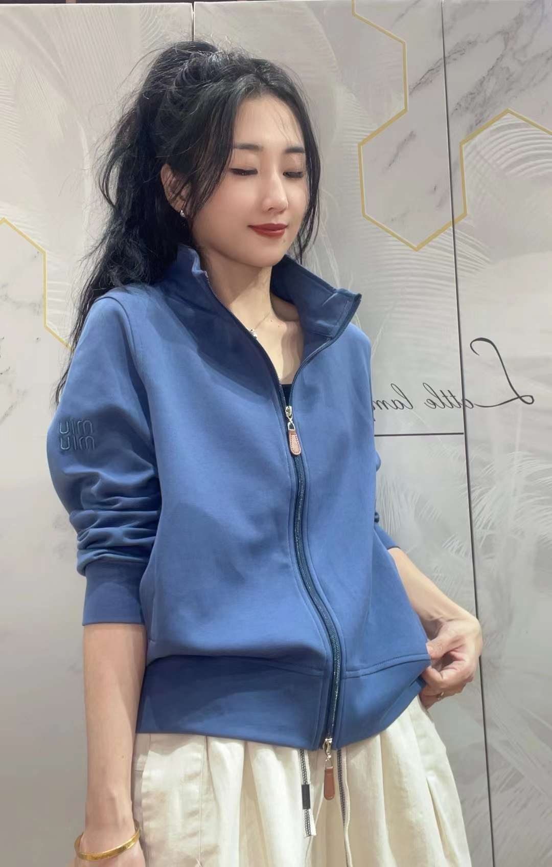 百基拉5916純色雙拉鏈針織衫短款翻領(lǐng)開衫外套女春季長袖上衣