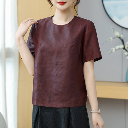 法式小圆领红云纱上衣女100%桑蚕丝香云纱小衫T恤肩上拉链套头衫