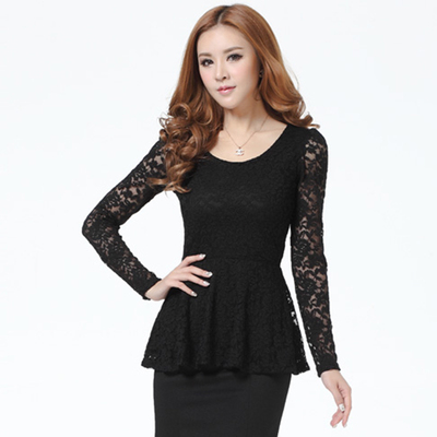 蕾丝打底衫长袖透肉收腰裙摆上衣