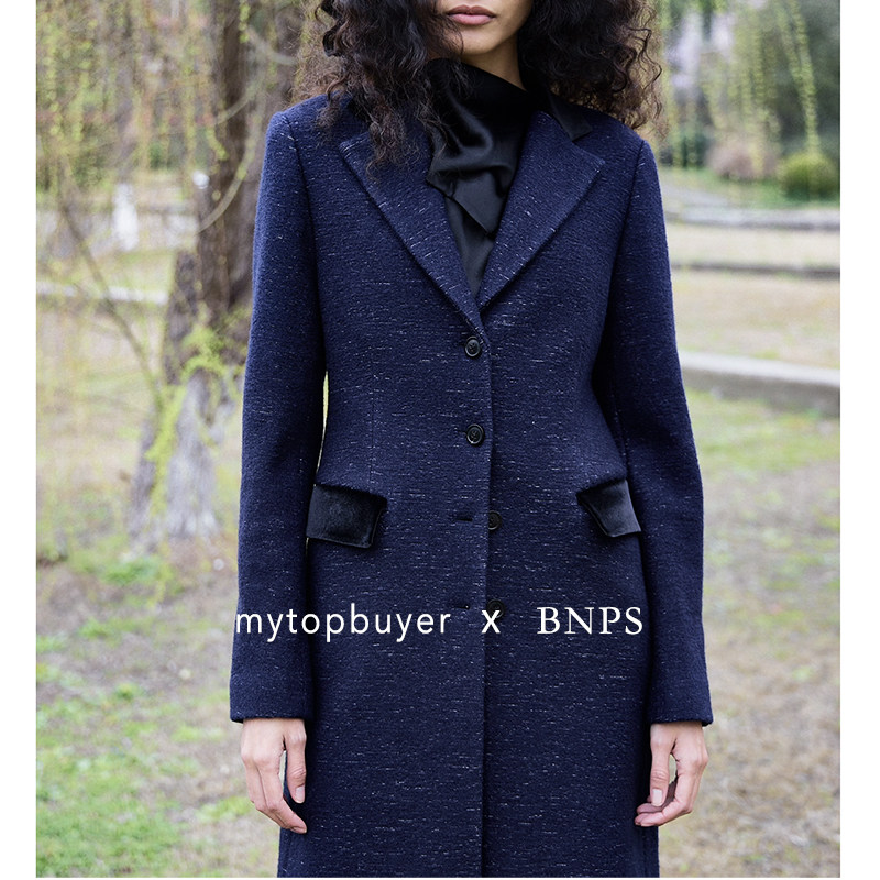 BNPS美剧风丝绒拼羊毛中长外套