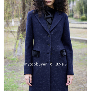 BNPS美剧风丝绒拼羊毛中长外套
