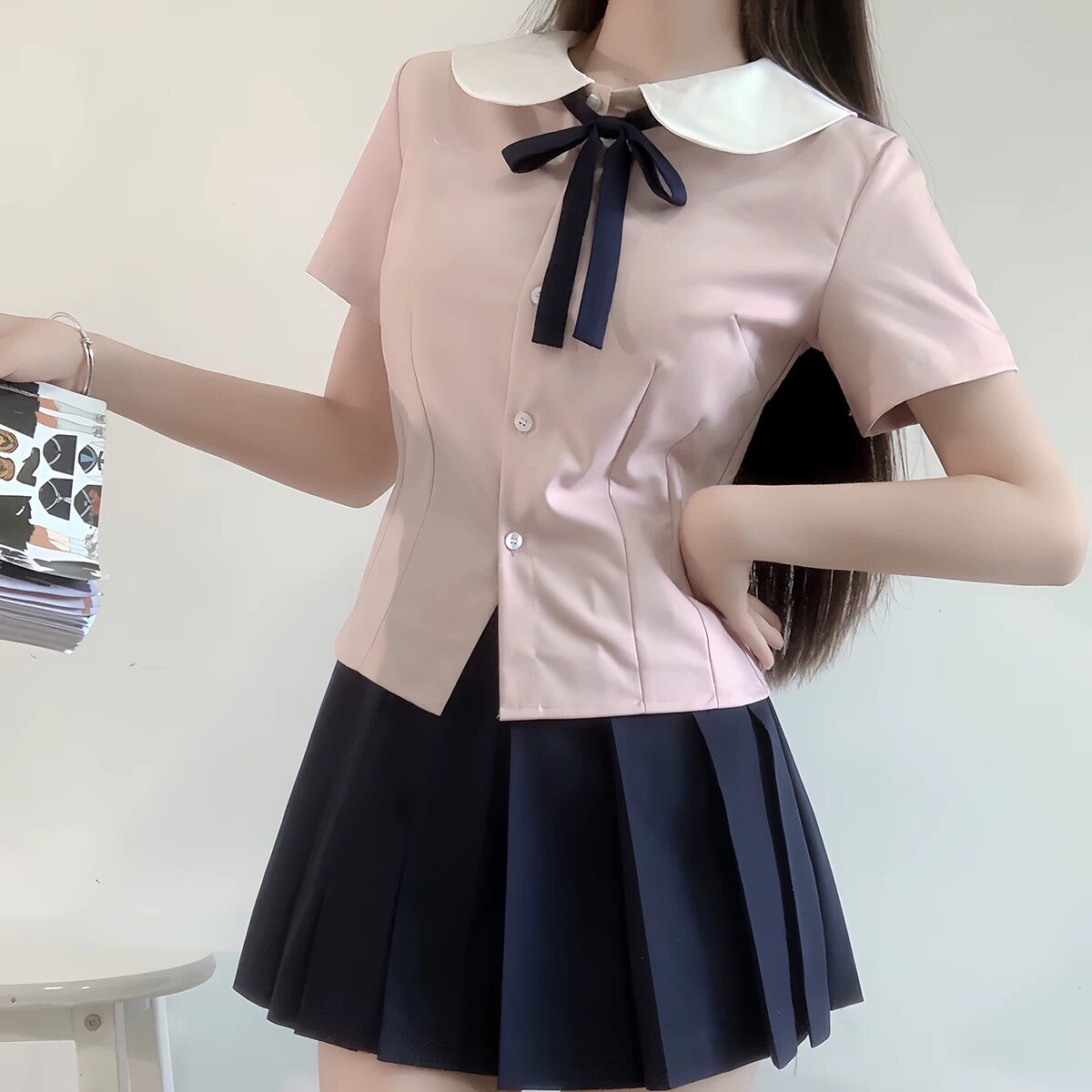 原创jk制服学院风圆领收腰衬衫