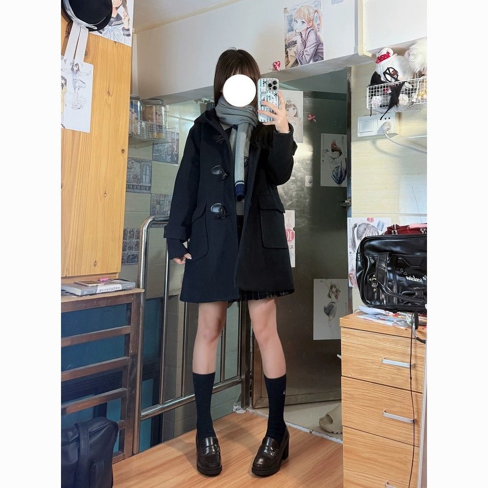 绀色学院风小个子jk制服毛呢大衣
