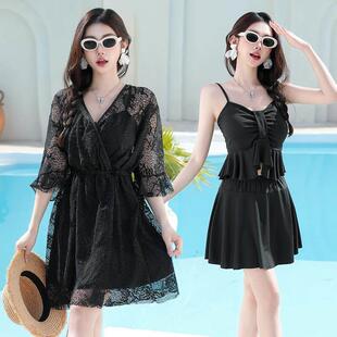 大码 200斤遮肚显瘦性三件感套大胸分体高腰游泳衣 泳衣女胖mm长款