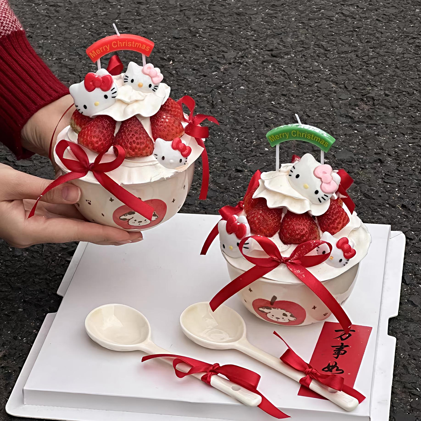 包邮网红新年圣诞节苹果小狗陶瓷碗可爱蝴蝶结小猫蛋糕装饰摆件