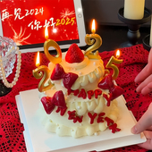 2025年新年跨年网红烘焙蛋糕装 饰插件金色数字蜡烛皮质蝴蝶结摆件