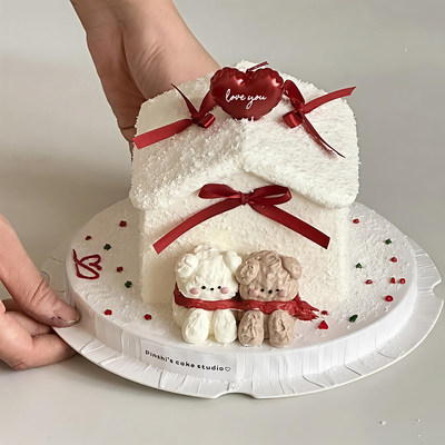 网红情人节烘焙蛋糕装饰摆件爱的小屋爱心LOVE蜡烛蝴蝶结丝带插件