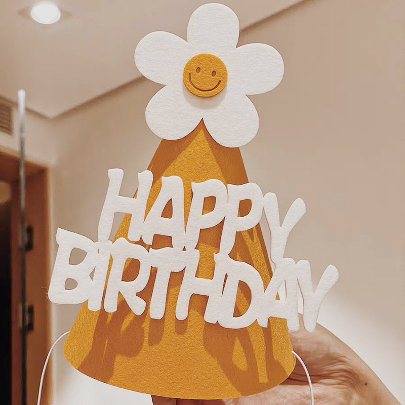 韩国ins生日快乐帽子可爱笑脸毛毡无纺布蝴蝶结宝宝周岁百日派对