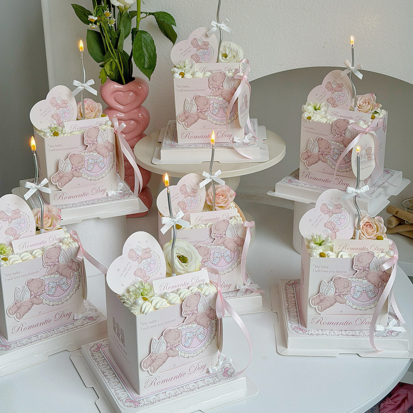 包邮抱抱酱网红情人节4寸正方形粉天使小熊蛋糕装饰围边插件套装,节庆用品/礼品,蛋糕/烘焙装饰用品,淘宝优惠券,粉丝福利购,淘宝优惠卷