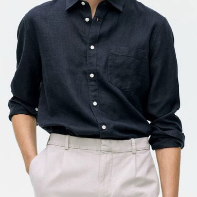 宝儿外贸LP同款男经典老钱风单口袋亚麻衬衫吸汗透气衬衣休闲1760