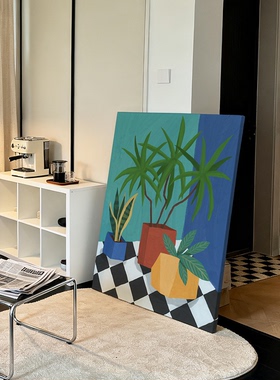 原创撞色棋盘格绿植静物油画北欧风热带植物装饰画治愈客厅挂画