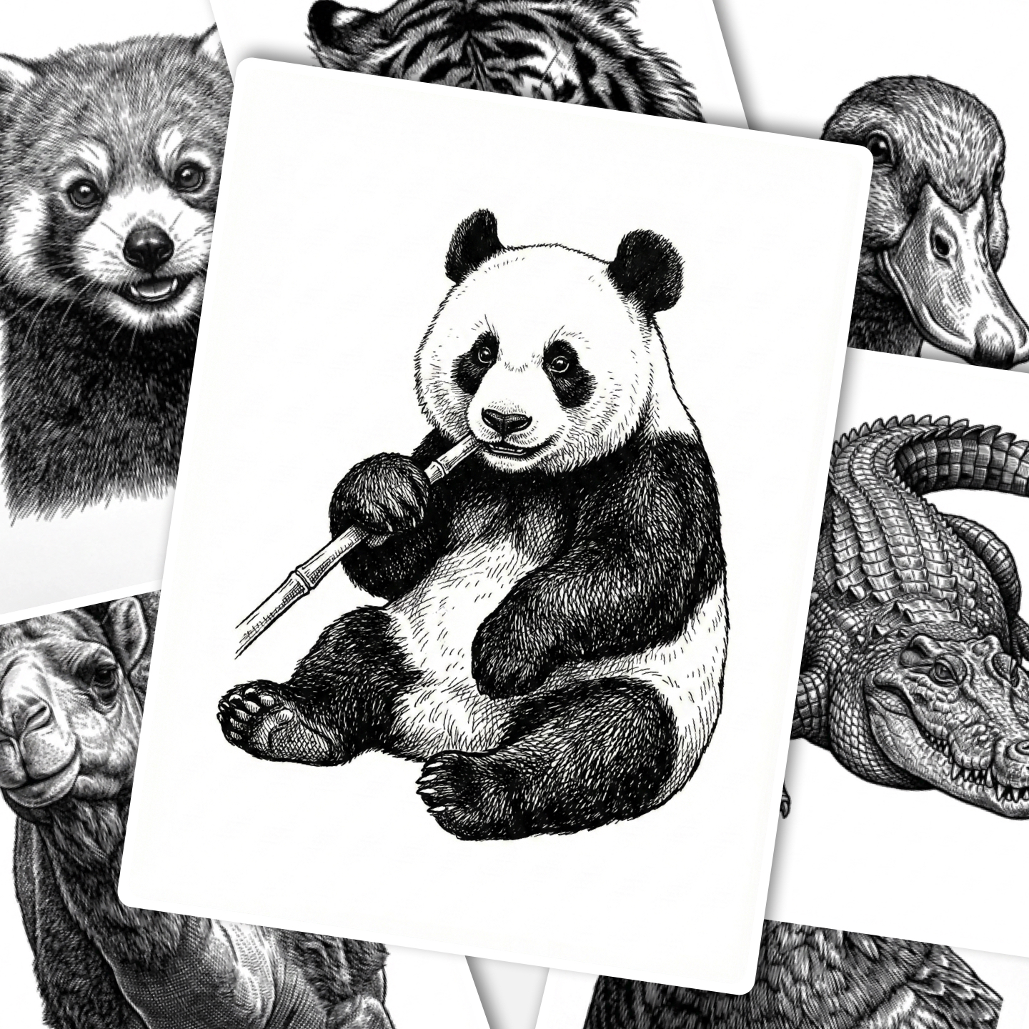 写实线描动物临摹卡儿童创意美术明信片高级线描动物范图绘画考级