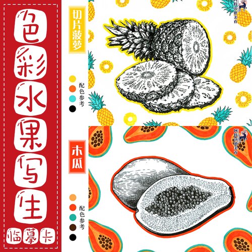 色彩水果线描临摹卡儿童美术临摹卡美术机构教学临摹卡画室画画