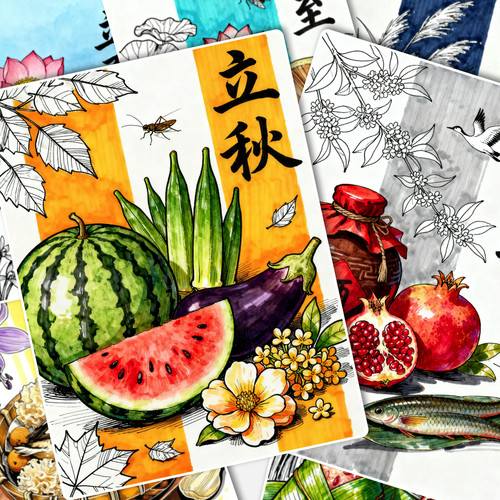 24节气人物食物临摹卡儿童创意美术明信片马克笔节日二十四节气图