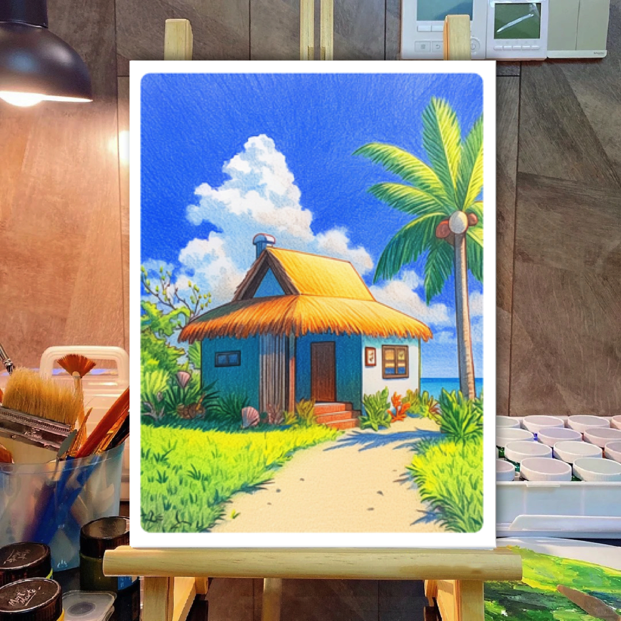 彩铅乡村临摹卡儿童创意美术明信片彩铅建筑风景装饰画范图图片