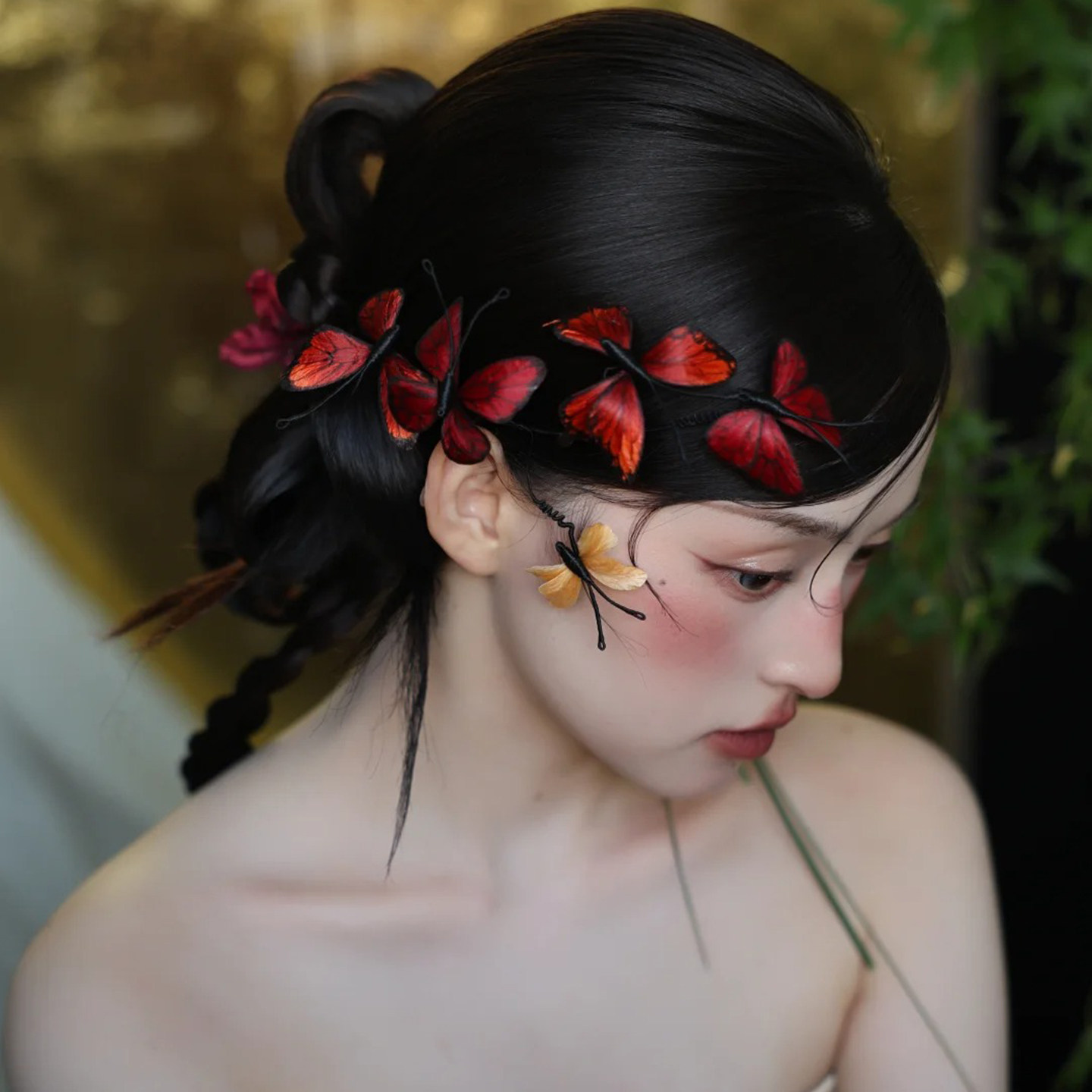 手作掐丝绒花蝴蝶发梳