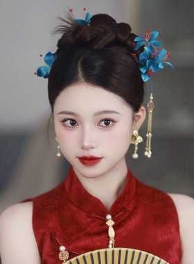 原创手作高端蓝色绒花新中式发钗新娘结婚汉服古装写真盘发配饰品